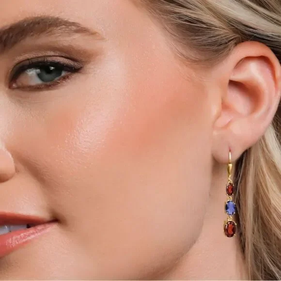 18K Yellow Gold with 5.44 Cttw 3 Stone Garnet and Blue Iolite Leverback Earrings
